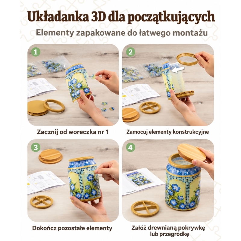 Duży słoik w niebieskie kwiaty i mozaikę – The Baby Blue Eyes puzzle 3D - produkt wyplatamy.pl 6