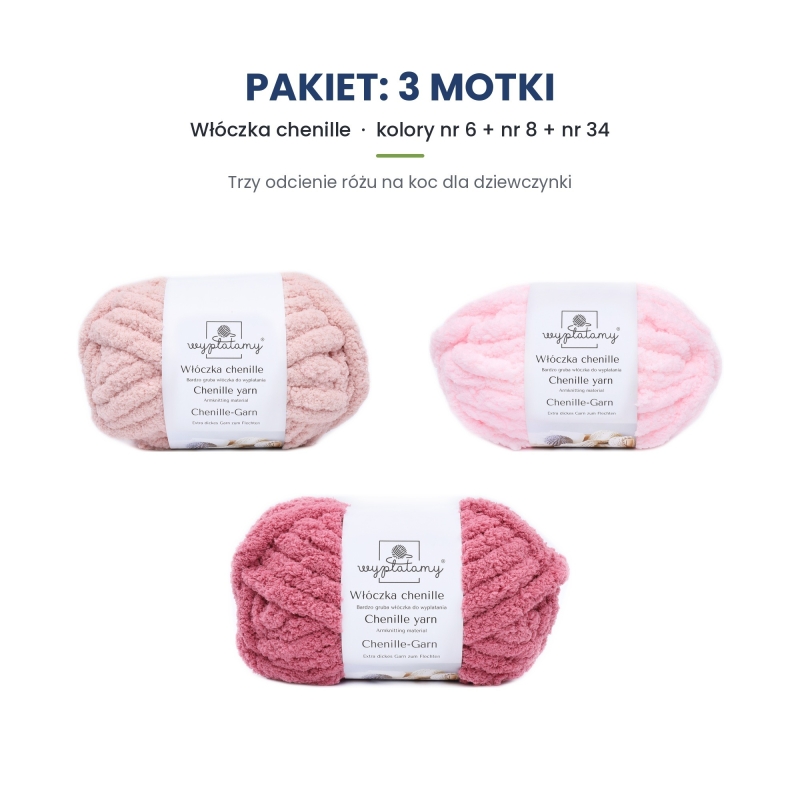 Różowy koc dla dziewczynki – 3 odcienie różu chenille (nr 6, 8, 34)