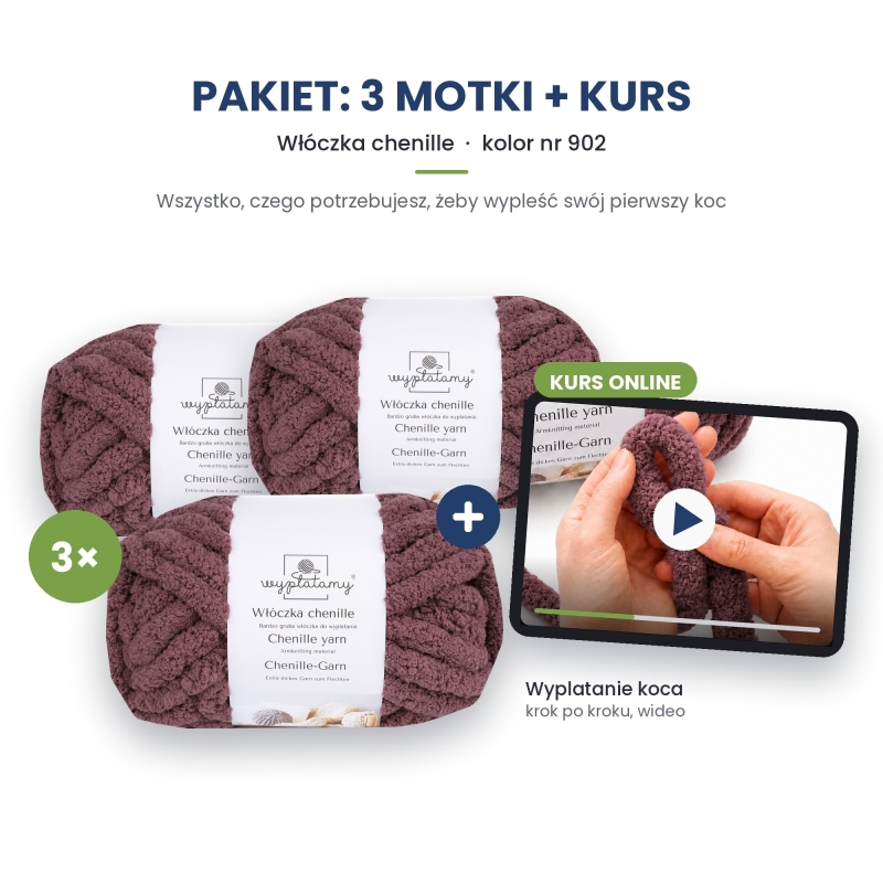 Kurs wyplatania koca + 3 motki chenille nr 902 Kurs wyplatania koca + 3 motki chenille nr 902