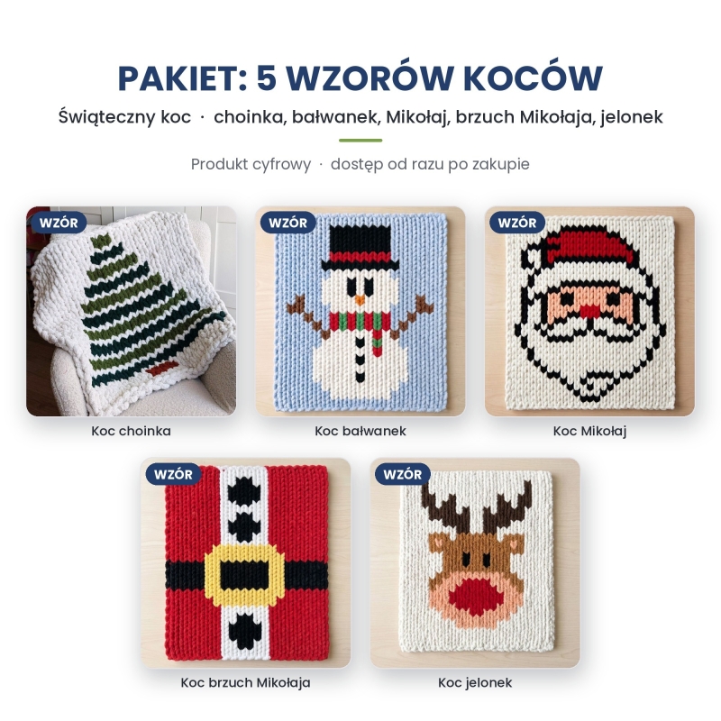 Świąteczny koc – pakiet 5 wzorów na koc z grubej włóczki Świąteczny koc – pakiet 5 wzorów na koc z grubej włóczki