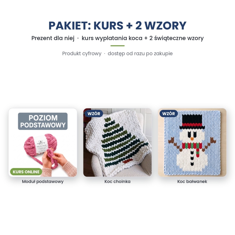 Prezent dla niej – kurs wyplatania koca + 2 świąteczne wzory Prezent dla niej – kurs wyplatania koca + 2 świąteczne wzory